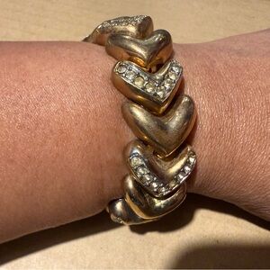 Gold Heart Bracelet with Rhinestones Vintage Chunky
